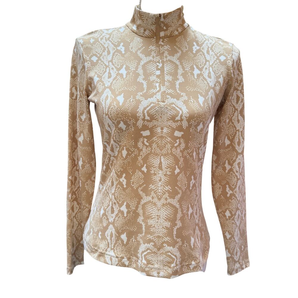 J. McLaughlin XS Beige Snakeskin Print Rash Guard Zip Neck Swim Top EUC